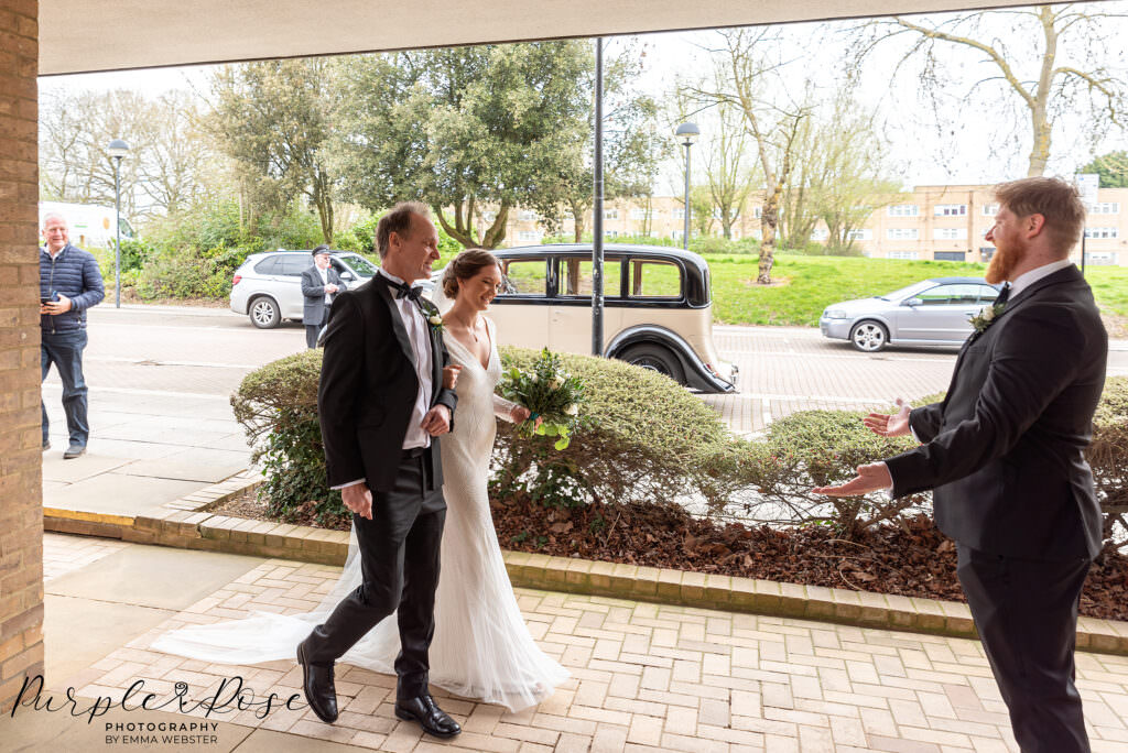 Bride with her father outside Milton Keynes registry office