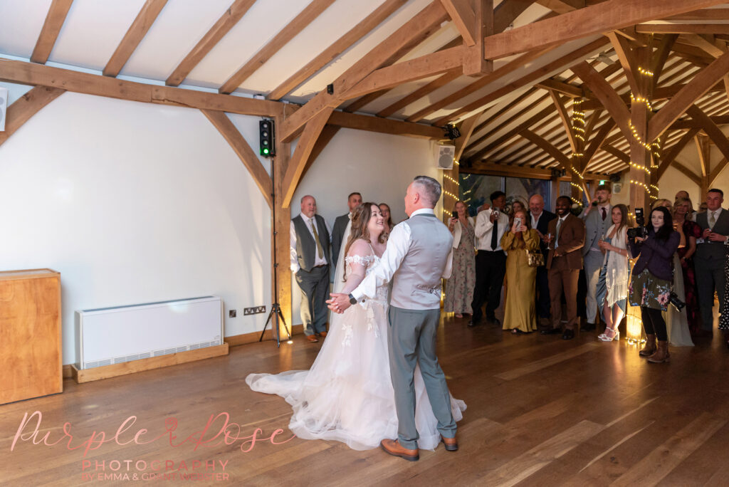 Bride and father dancing together at a wedding day in Dodford Manor, Northampton