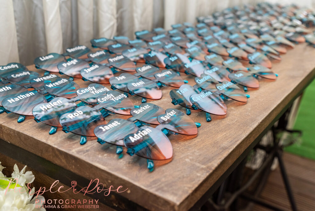 Photo of sun glasses used as wedding favours at a wedding in Buckinghmshire