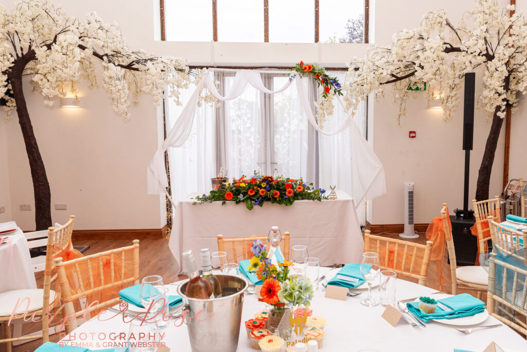 Photo of wedding breakfast set up for a wedding in Buckinghamshire