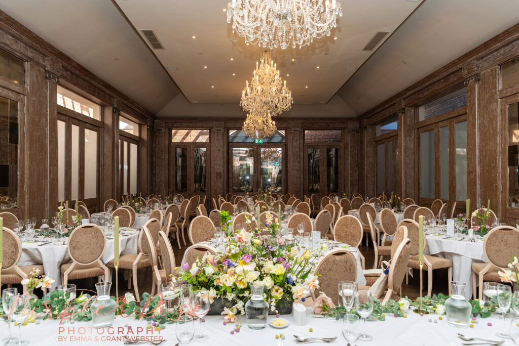 Photo of a room set up for the wedding breakfast at a wedding in Northampton