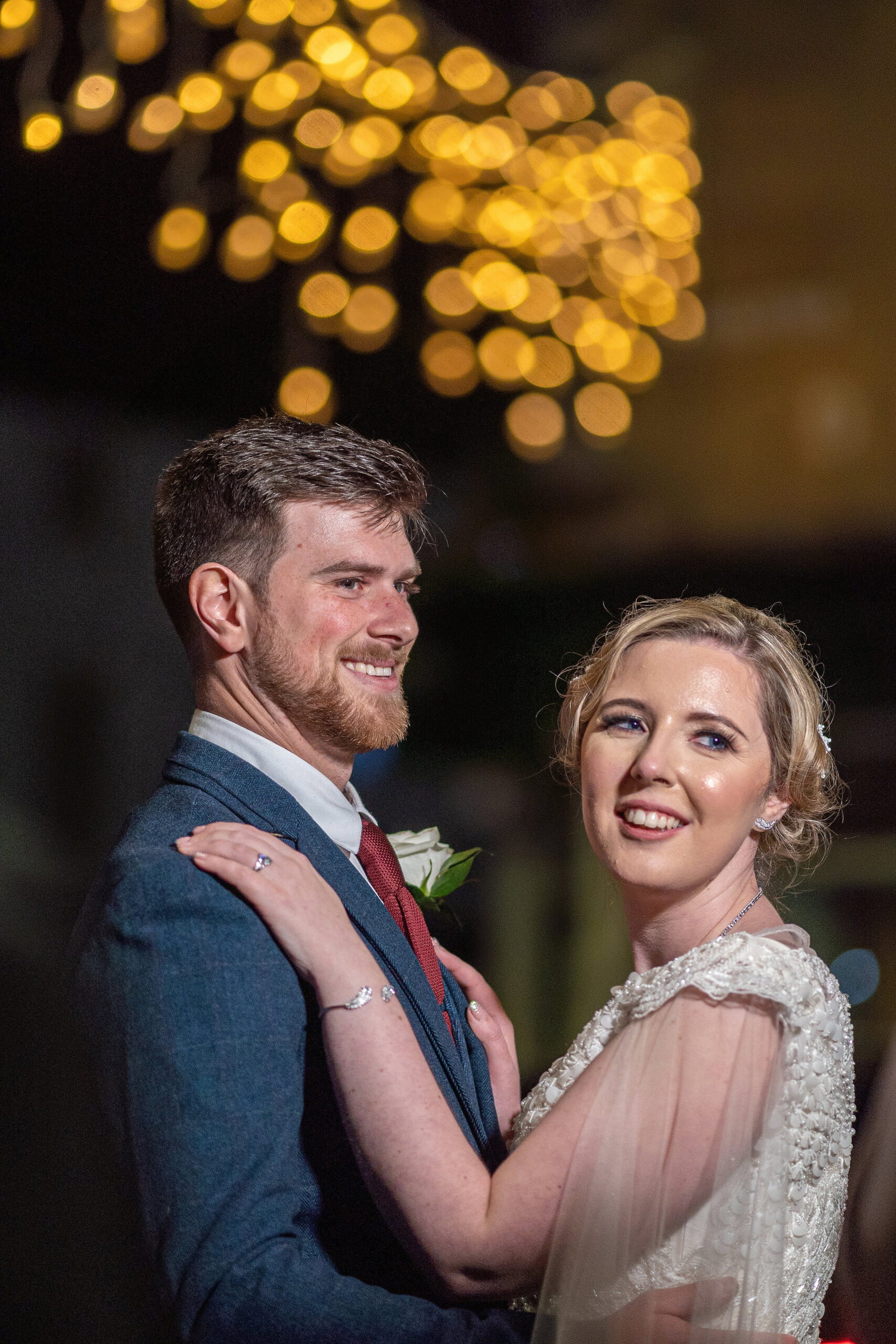 Night time photo of a bride and groom on their wedding day in Northamptonshire
